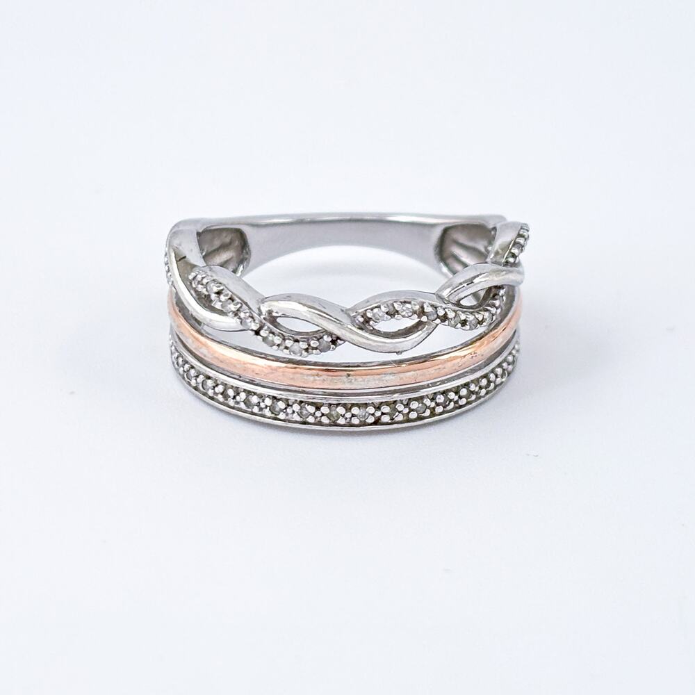Estate Sun Sterling Silver 14k Rose GOS 1/10 CTTW Accent Diamonds Ring Size 7
